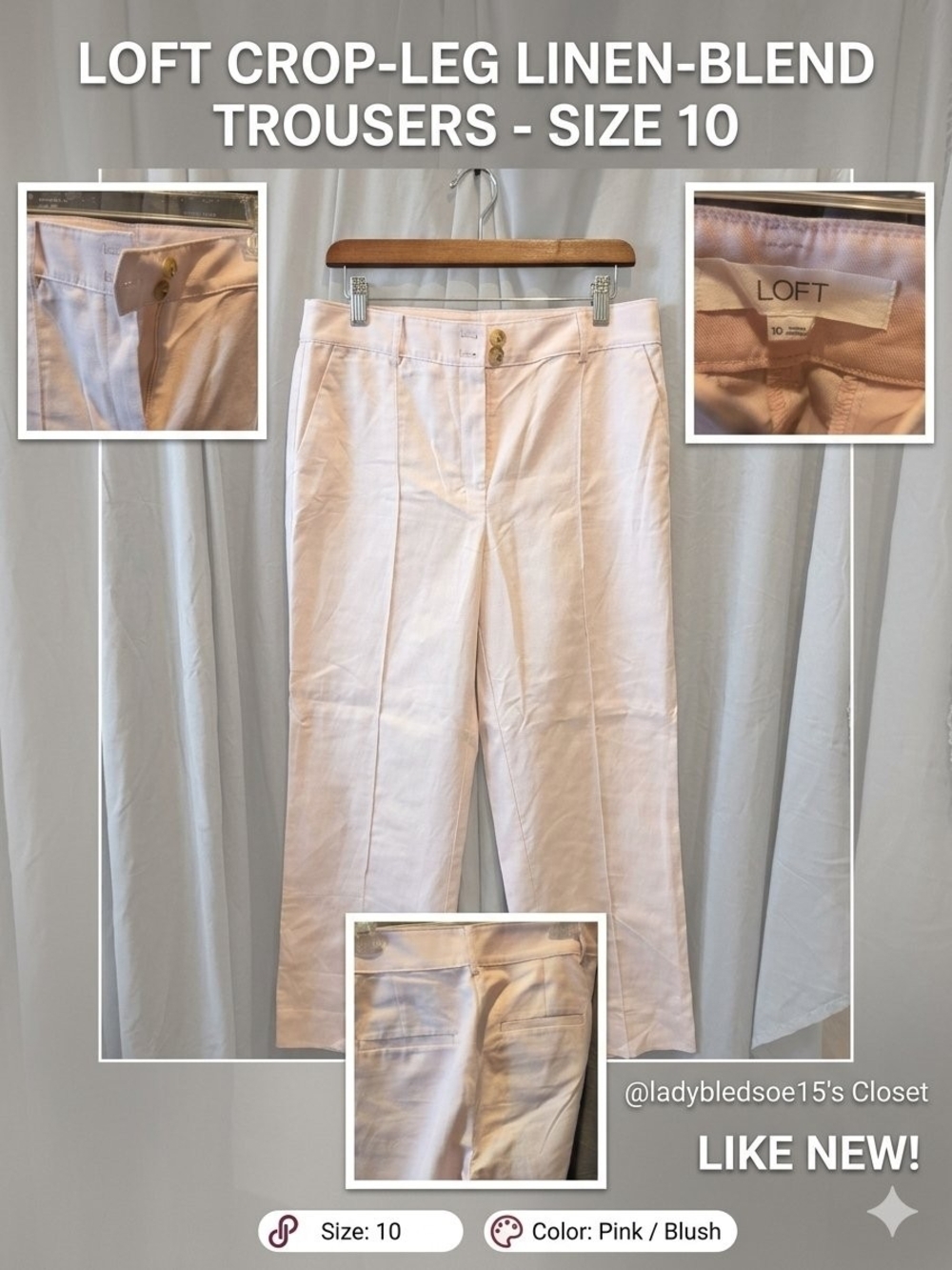 LOFT Blush Crop-Leg Linen-Blend Trousers NWOT